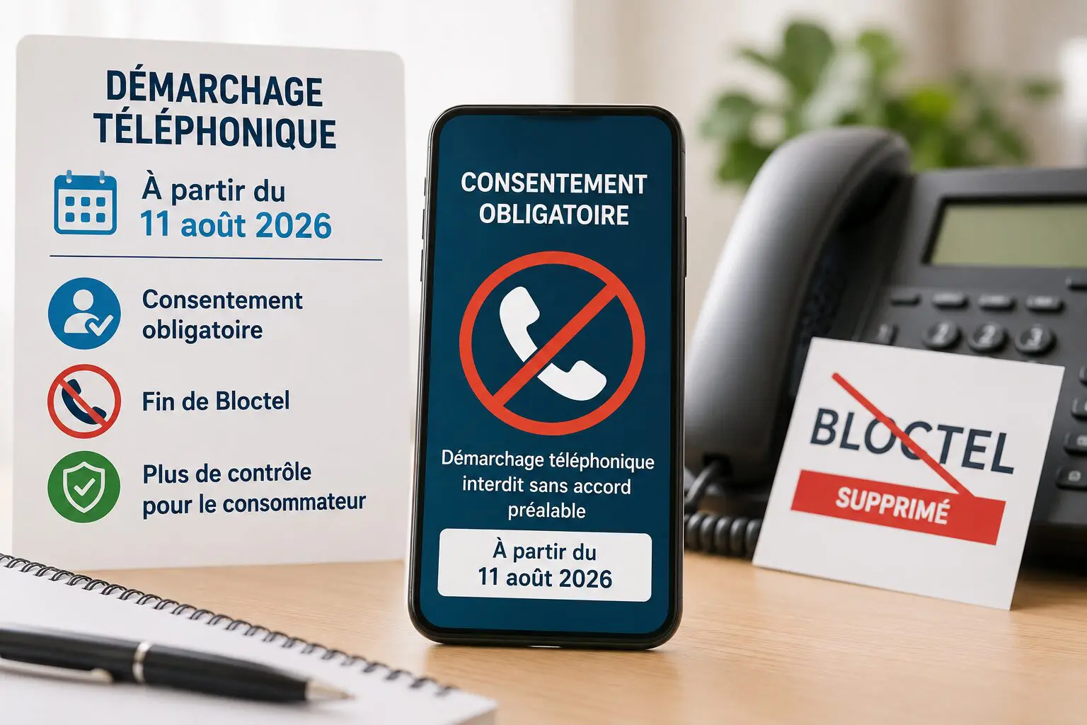 Illustration des nouvelles règles du démarchage téléphonique en France à partir du 11 août 2026 : consentement obligatoire et fin du service Bloctel.