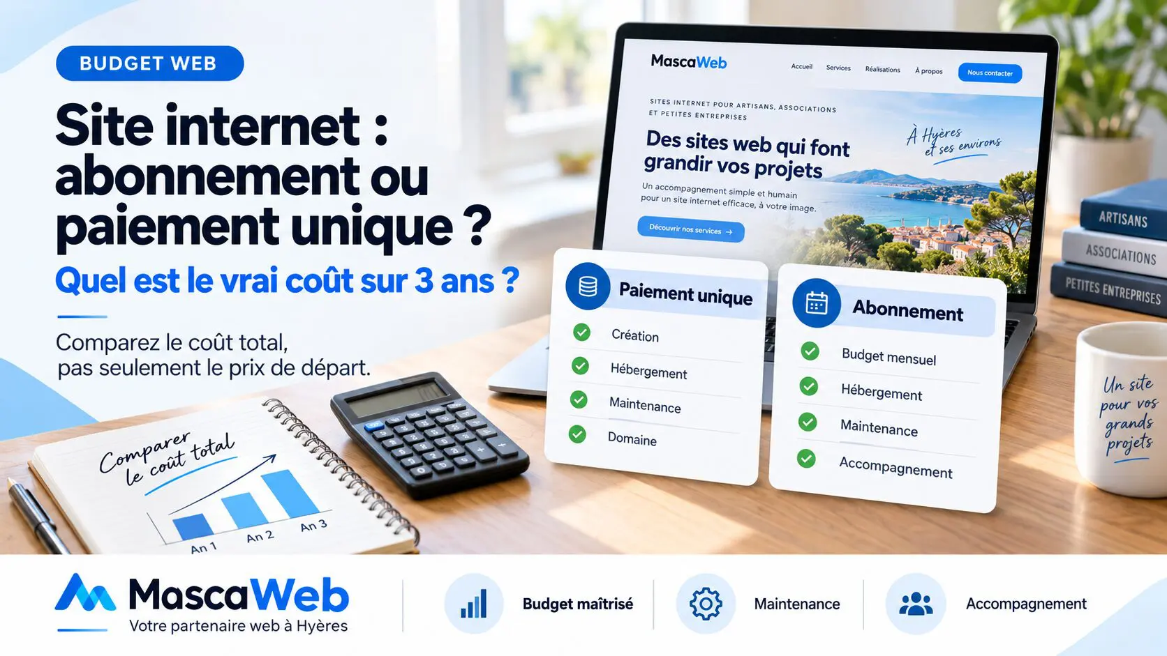 Comparaison du paiement unique et de l'abonnement mensuel pour un site internet sur trois ans